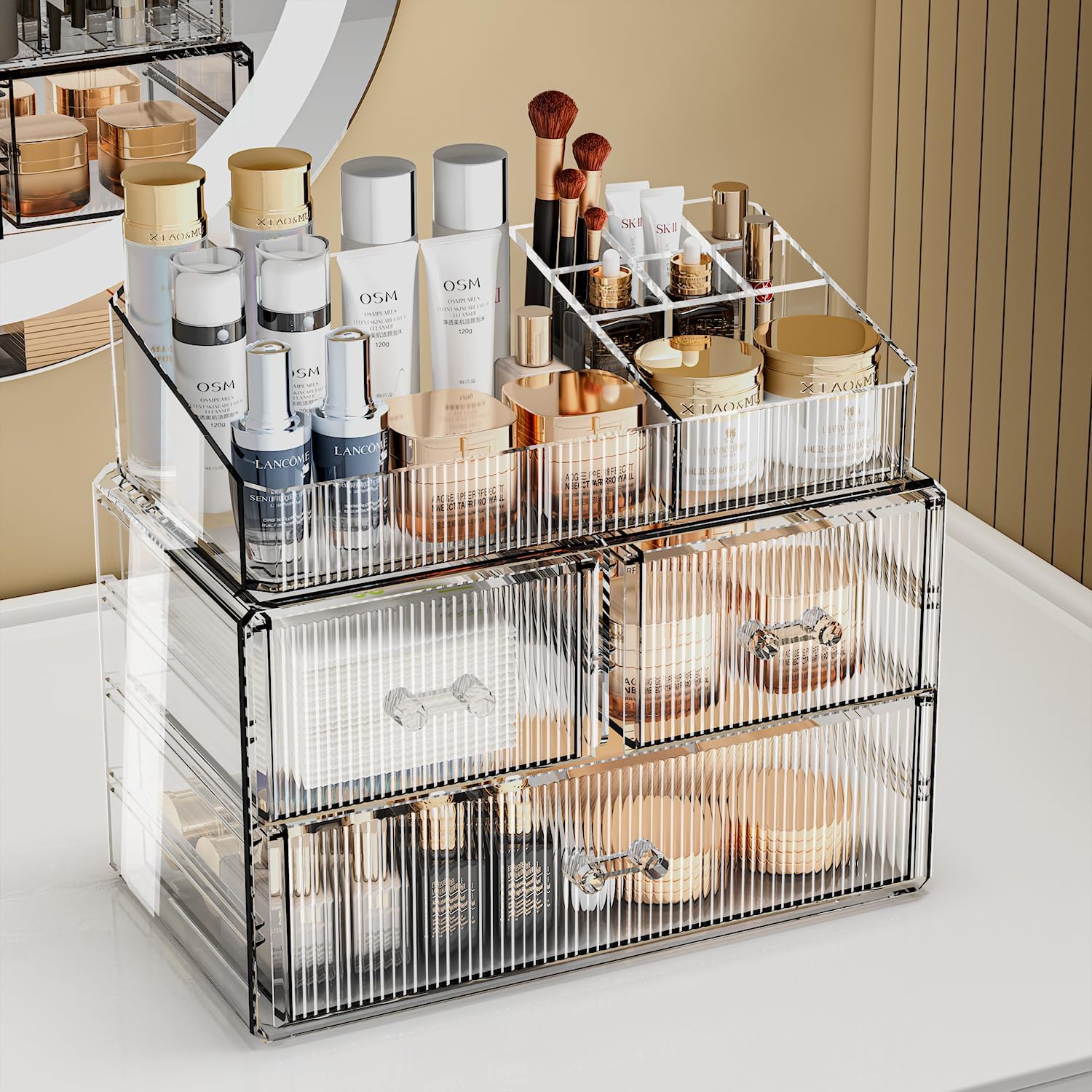 ZHIAI Stackable Cosmetic Organizer, Acrylic Cosmetic Organizer for Dresser, Vanity, Kitchen Cabinet, Bathroom, Under Sink, Home Organization and Storage (1 Top 3 Drawers)